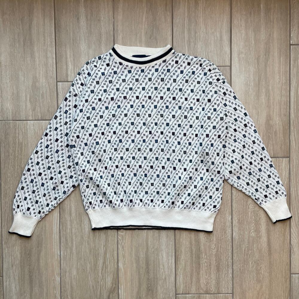 John Weitz Sweater Mens L XL Made USA Textured Knit Grandpa Vintage 90s